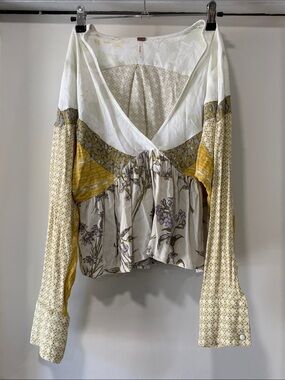 Free People Patchwork Floral V-Neck Long Sleeve Top in Cream, Yellow & Purple